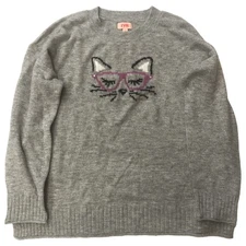 Evri Womens Plus Lightweight Fuzzy Gray Silver Sparkle Kitty Cat Sweater 2X