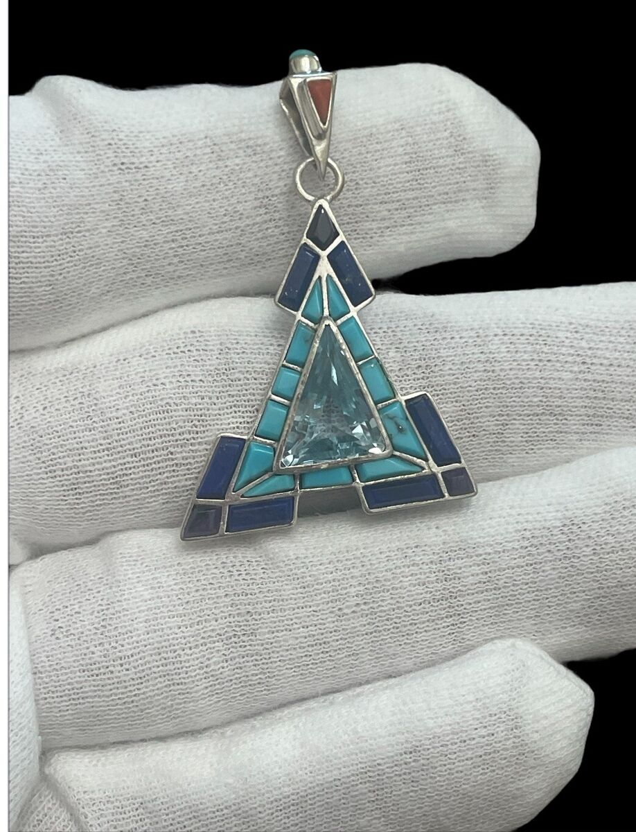 Eye Catching Vintage Native American Navajo Inlay Turquoise Lapis Sterling Silver Necklace Eye Catching Vintage Native American Navajo Inlay Turquoise Lapis Sterling Silver Necklace