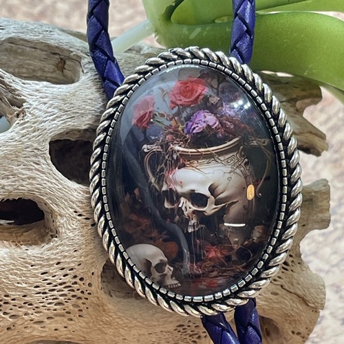 Gothic Skull Rose Witch Leather Bolo Tie Lariat Necklace Wedding Purple Death - Picture 7 of 17