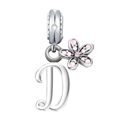 LETTER D NAME INITIAL PINK DAISY FLOWER CHARM   GENUINE 925 STERLING SILVER