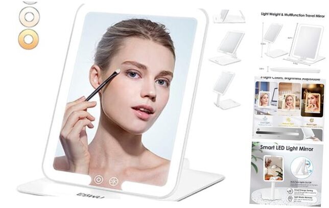 Portable Folding Travel Makeup Mirror with Light 8.6x6.1 Inches White-image