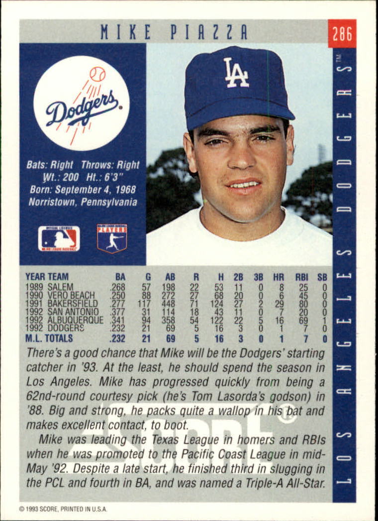 1993 Score Rookie Prospect Card #286 Mike Piazza Los Angeles