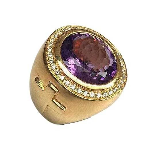 Huge Natural Amethyst 925 Silver 14K Yellow Gold Bishop Ring Christian Costume - Image 4 of 4