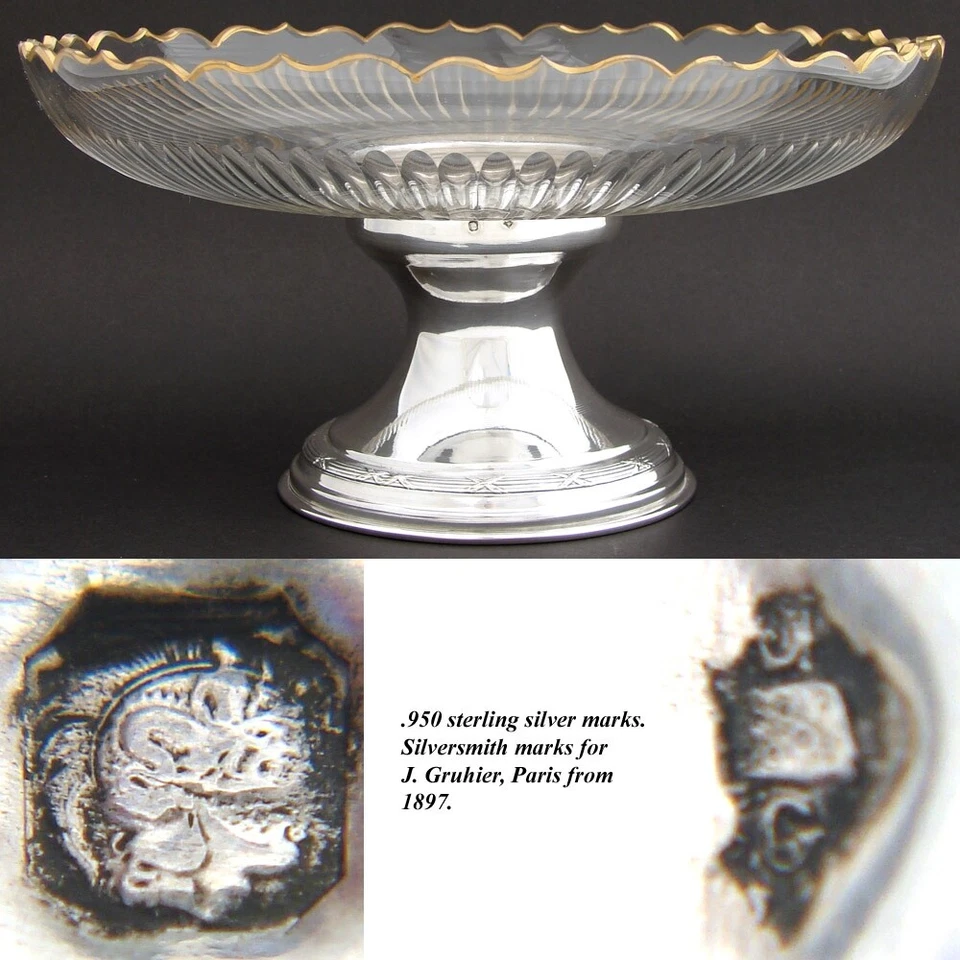 Antiguo centro de mesa francés de plata de ley y vidrio cortado de 9,5" Tazza, compota o Foto 4 de 4