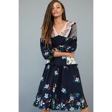 Anthropologie Let Me Be Womens XSP Black Pink Floral 3/4 Sleeve Debra Midi Dress