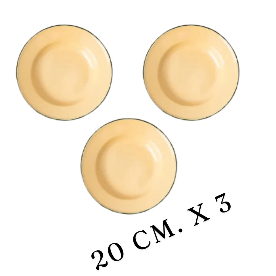 Dinnerware Plates Spoon Vintage Yellow  Enamelware Metal Dinner Blue Rim x 6 - Image 2 of 4