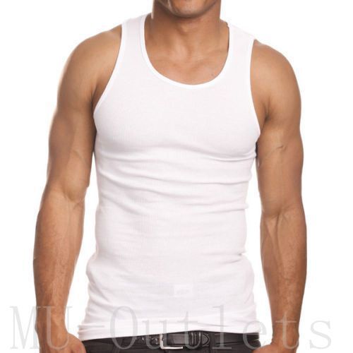 3 Piece Pack Men's Plain White Ribbed Tank Top A-Shirt Undershirt 100%Cotton - Afbeelding 1 van 1