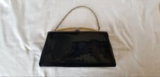 Vintage 50s Black Patent Leather Clutch Gold Chain Strap