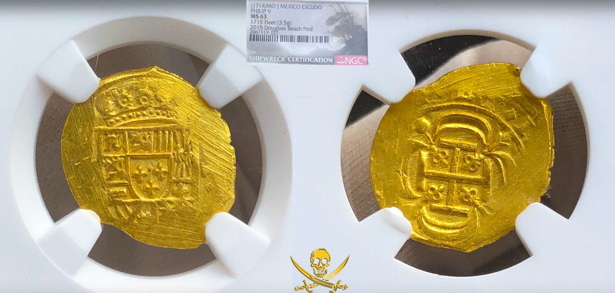 MEXICO ESCUDO 300 ANNIVERSARY NGC 63 “1715 FLEET PIRATE GOLD COINS