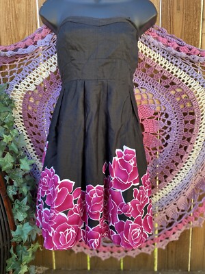 strapless black dress with floral design sfuzi Black Floral Strapless Dress Fushia Flowers Medium