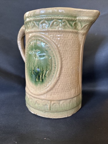 Hull yelloware salt glazed stoneware Green And Ivory Cow Pitcher Vintage 8.5" - Picture 13 of 21