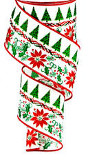 Christmas Trees Poinsettias 2.5" by 2 yd Ivory Wired Ribbon Red Green Gold