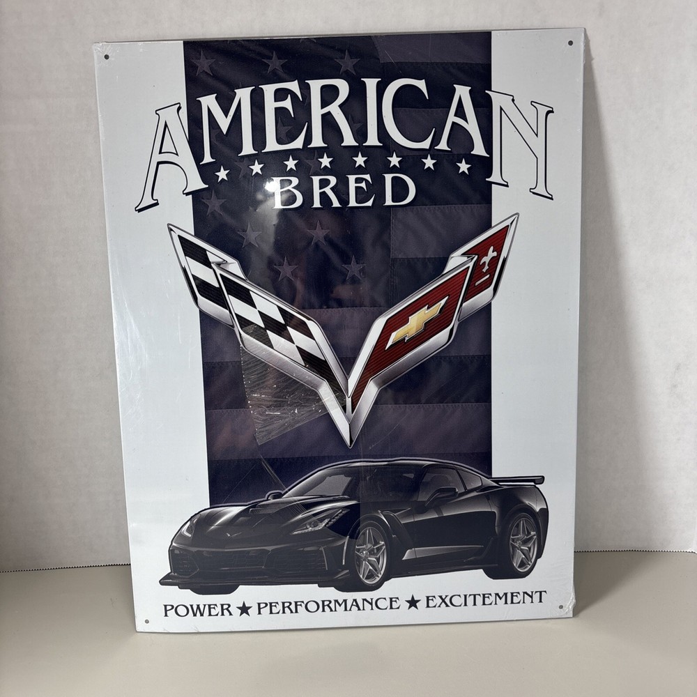 Chevy Corvette American Bred Tin Metal Sign Racing Flags Garage Classic