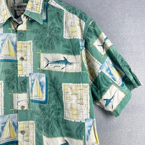 Campia moda Mens Hawaiian Shirt Large Green Yacht Marlin Caribbean Short Sleeve - Picture 6 of 14
