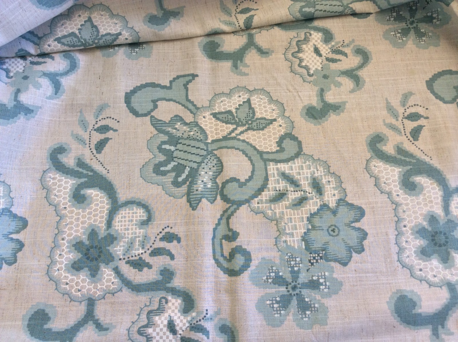 CHARTER PATTERN # 9211 FLORALS WITH BLUE ON BEIGE COTTON--- 1 1/2 YARDS ...