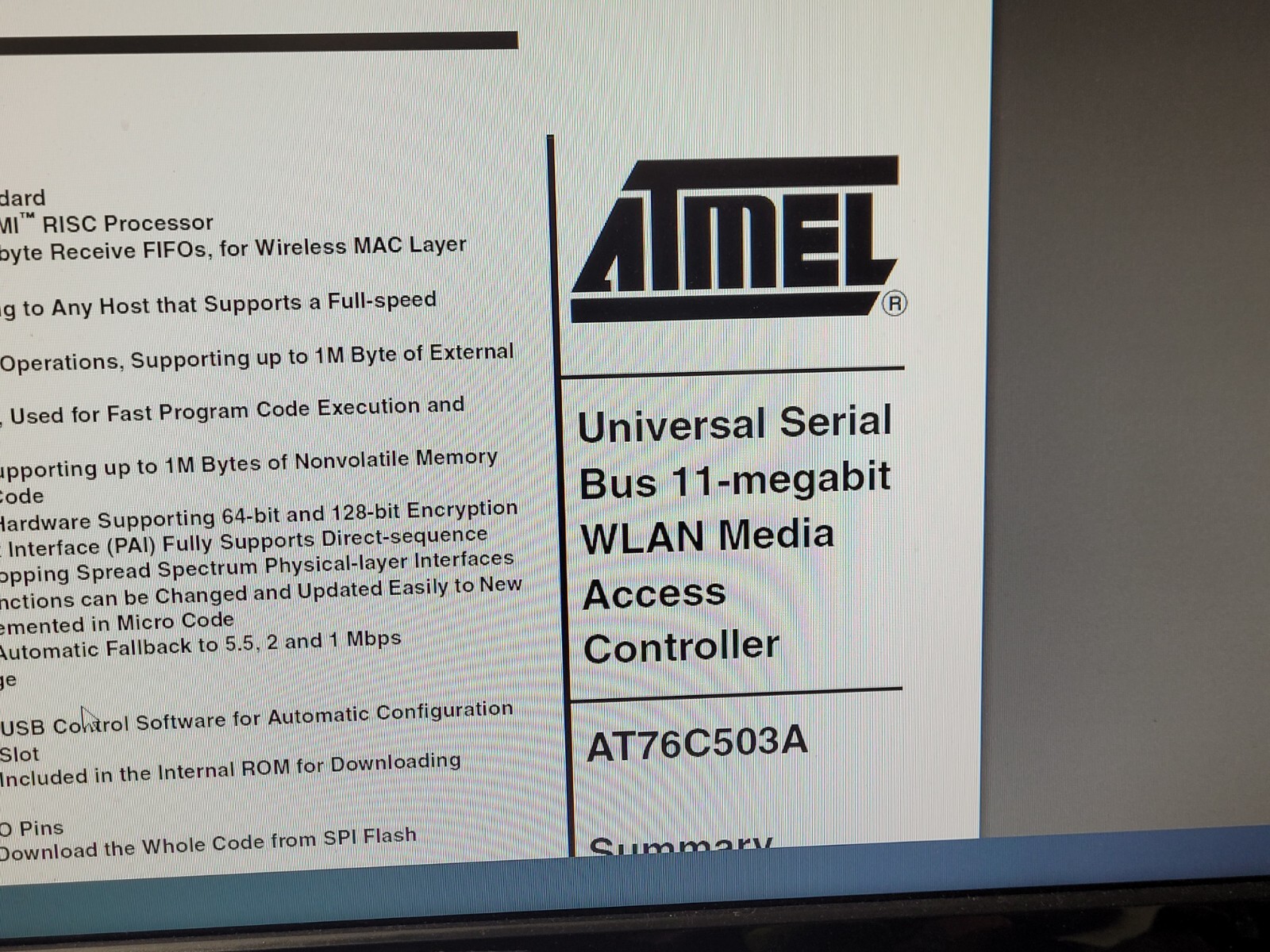 (1) AT76C503A ATMEL Universal Serial Bus 11-megabit WLAN Media Access Controller