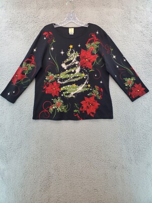 Jess & Jane Women s 3/4 Sleeve Two Sided  Xmas Print Top Size 21 W 24.5L  Black