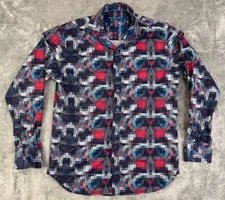 Visconti Black Button Up Shirt Long Sleeve Flip Cuff Red White Blue Men’s Small