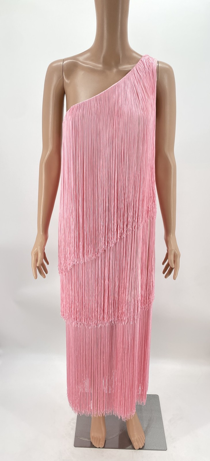 No Pise La Grama Womens Cascada Fringe One Shoulder Maxi Dress Size 8 Pale Pink