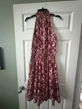 Floral Smocked Halter Knee Length Sleeveless A-Line Dress Burgundy White Women