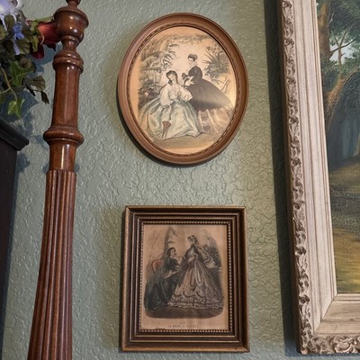 2 Victorian Framed La Mode Illustree Plate Prints oval square VTG French France 