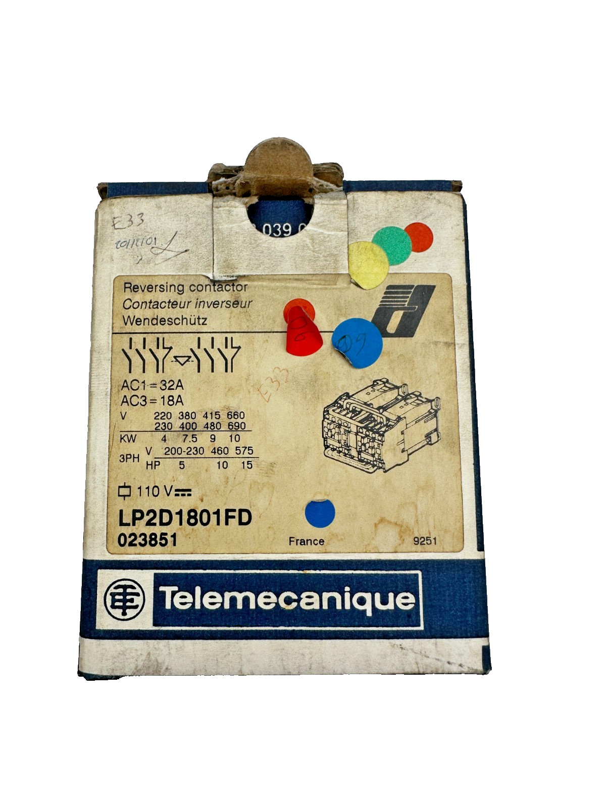Contacteur inverseur Telemecanique LP2D1801FD bobine 110V DC pour moteur triphasé