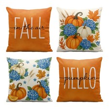 Pumpkin Pillow Covers 18x18 Inch Set of 4 Blue Hydrangea Thankful Fall Harves...