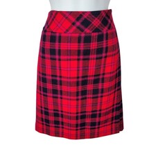 Talbots Red Black Plaid Wool Blend Lined Mini Skirt Size 12 classic sporty