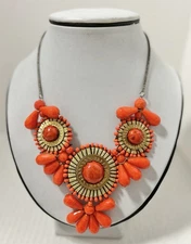 VINTAGE ZAD Orange Bead Goldtone Cleopatra Aztec Style Bib Statement Necklace