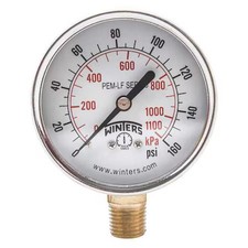 Winters Pem215lf Lead-Free Pressure Gauge, 0 To 160 Psi, 2 1/2 In Dial, 1/4 In