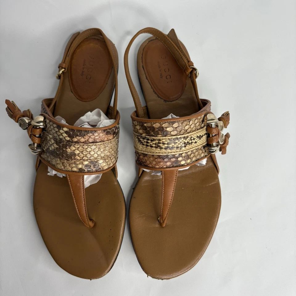 GUCCI Brown Leather GG Horsebit T-Bar Thong Sandals Size 36 - Image 2 of 4