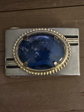 Vintage Centerpiece Lapis Lazuli Stone Cabochon Cab Style Two Tone Belt Buckle