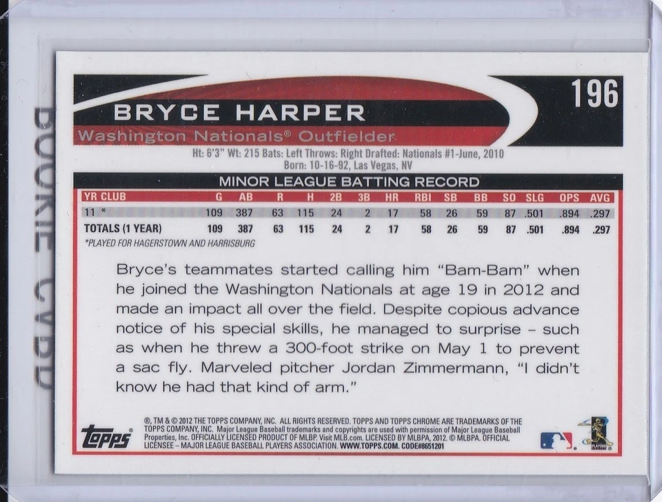Tarjeta de novato Bryce Harper 2012 Topps cromada #196 BÉISBOL $$ RC Filis Nacionales Foto 2 de 2
