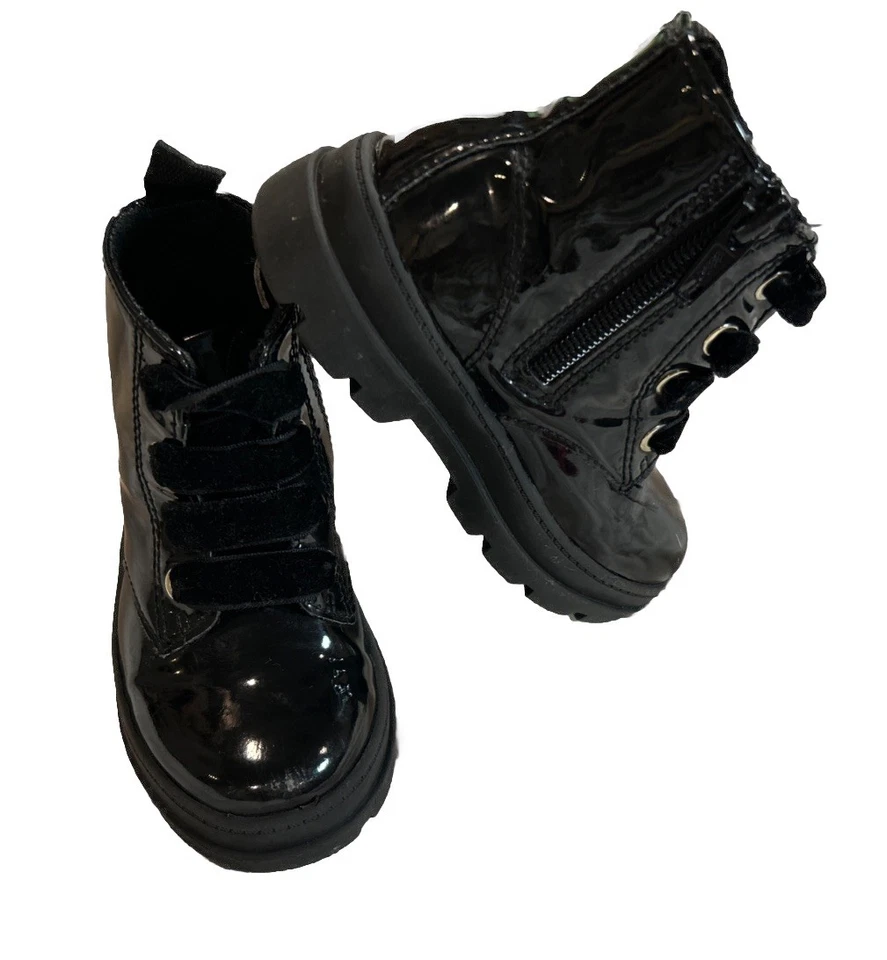Botas de combate negras con cordones al tobillo talla 6 para niñas pequeñas brillantes con cordones de terciopelo con cremallera Foto 3 de 4