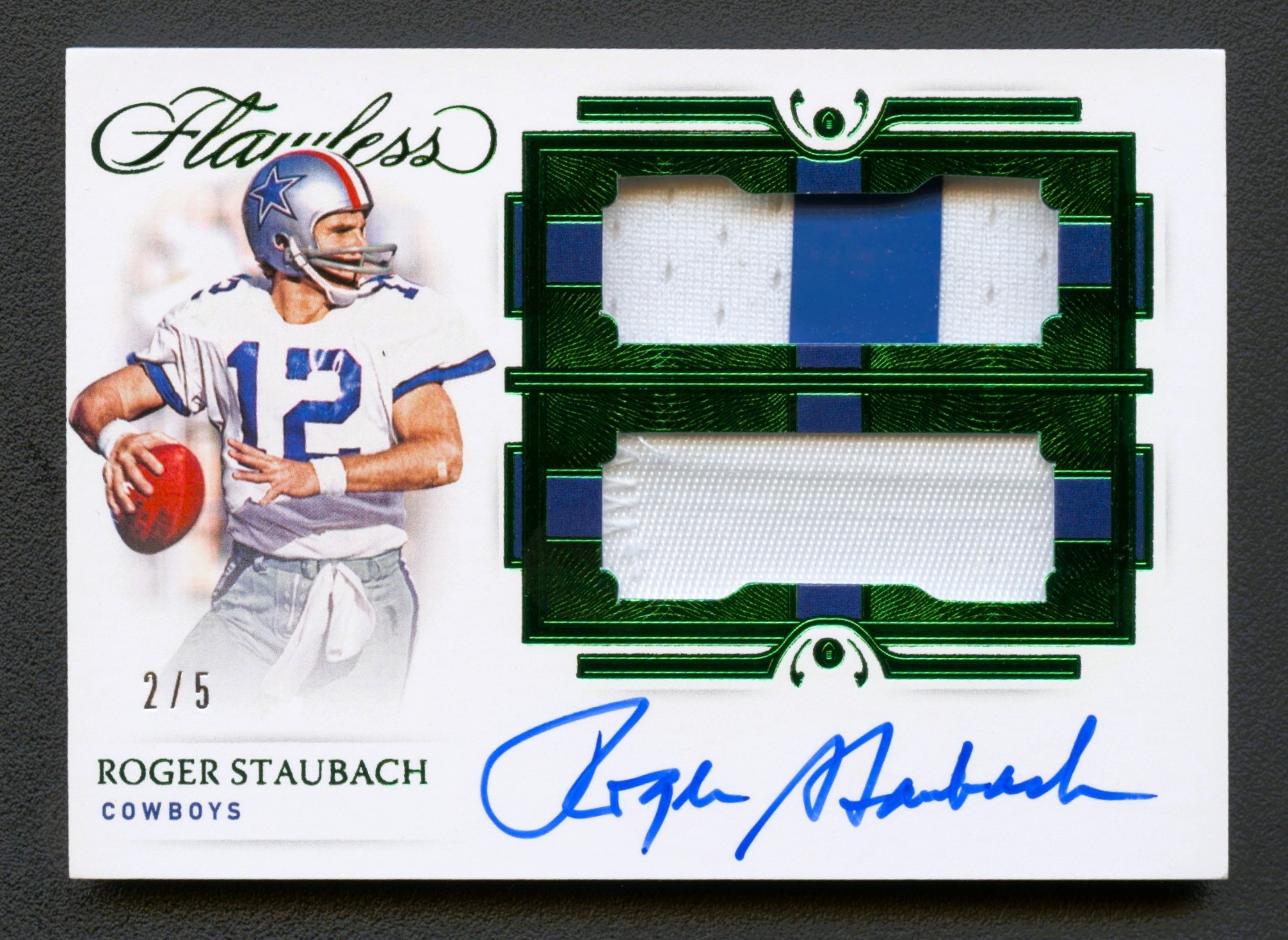 ROGER STAUBACH 2021 FLAWLESS EMERALD DUAL PATCH COWBOYS AUTO AUTOGRAPH #2/5