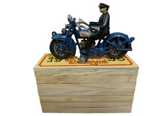 Harley Davidson Cast Iron Blue Motorcycle Replica of 1928 in Collector Wood Box