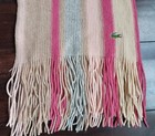 Vintage Lacoste 100% Wool Fringe Scarf, Pink Grey Tan Stripes, Crocodile Logo — photo 2
