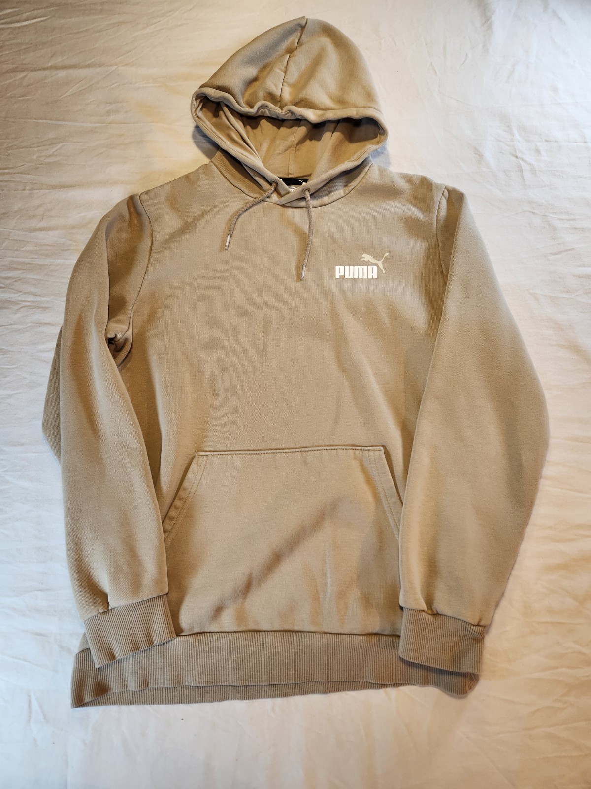 PUMA Beige Fleece Logo Hoodie Pullover Sweatshirt Kangaroo Pocket Size S