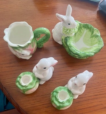 Applause  Ceramic Easter Bunny Taper Candle Sticks, Mug and Candy Dish Cabbage