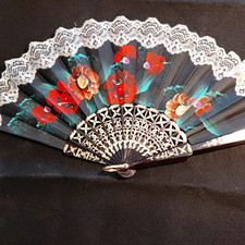 Vintage Folding Hand Fan Floral Fabric w/ Lace Trim, Black Red White Blue Green