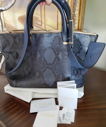 Chloe Baylee Chain Tote Bag Python & Calf Leather Blue Street $3450 Pristine Med - Picture 18 of 24