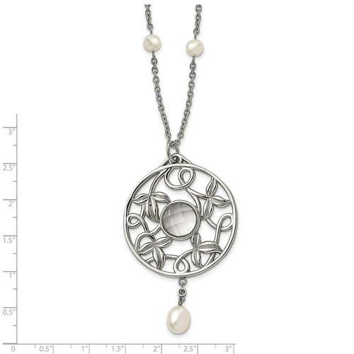 Stainless Steel Polished FWC Pearl & CZ & Glass w/2in ext Necklace - 第 6/6 張圖片