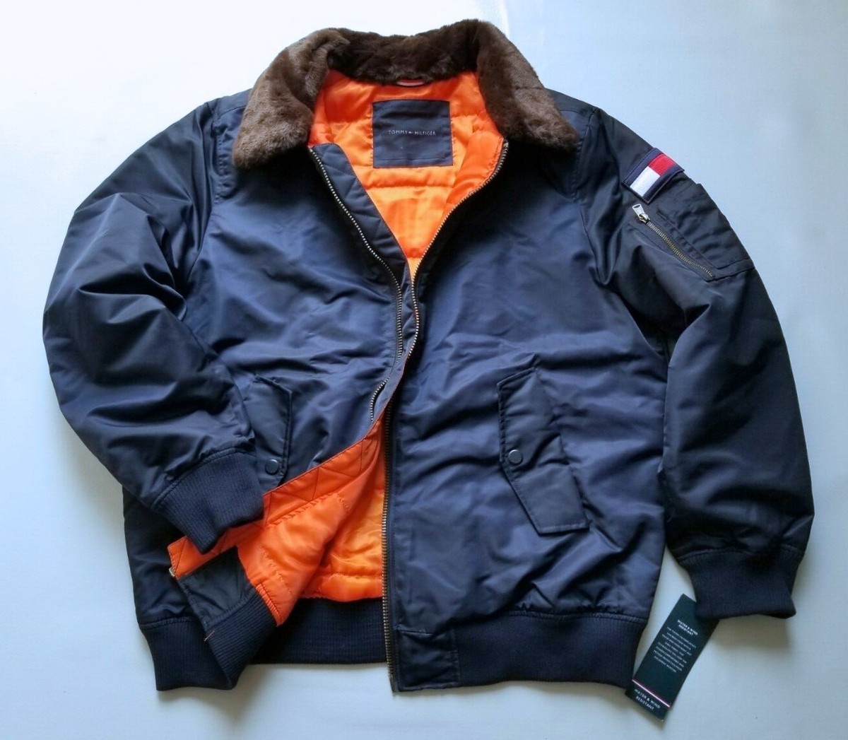 $275 TOMMY HILFIGER REMOVABLE FAUX FUR MENS FULL ZIP BOMBER LOGO