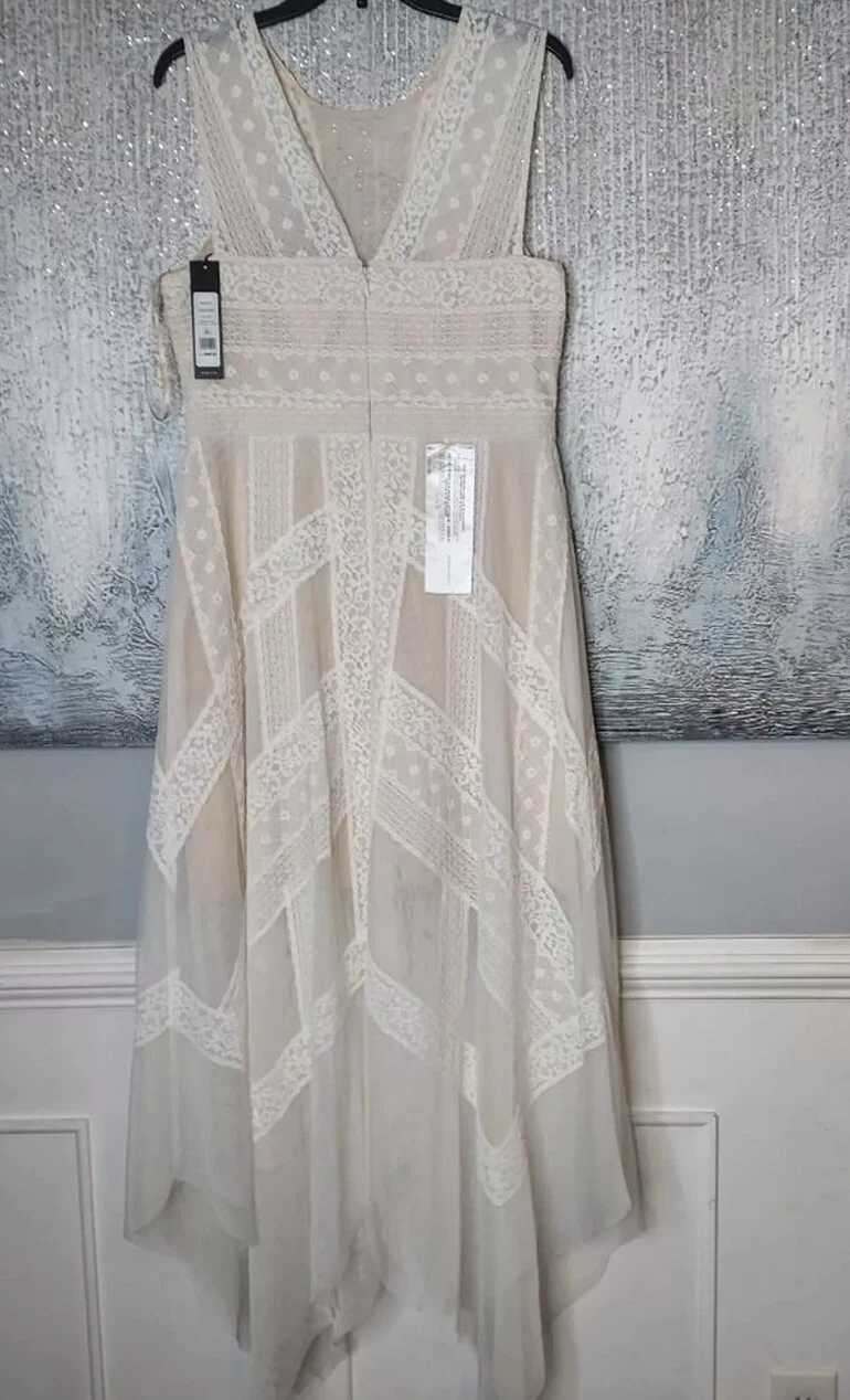 OFF WHITE Maxi abito BCBG MaxAzria Andi bianco sporco pizzo trasparente sera tulle nuovo con etichette taglia 6 398$