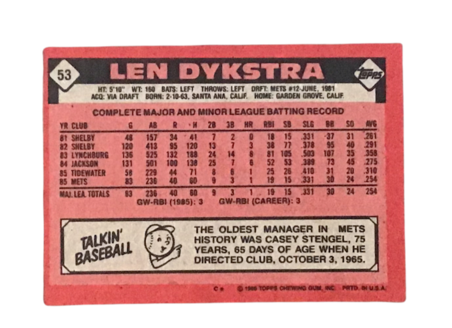 Lenny Dykstra 1986 Topps Rookie Baseball Card 53 New York Mets Mint eBay