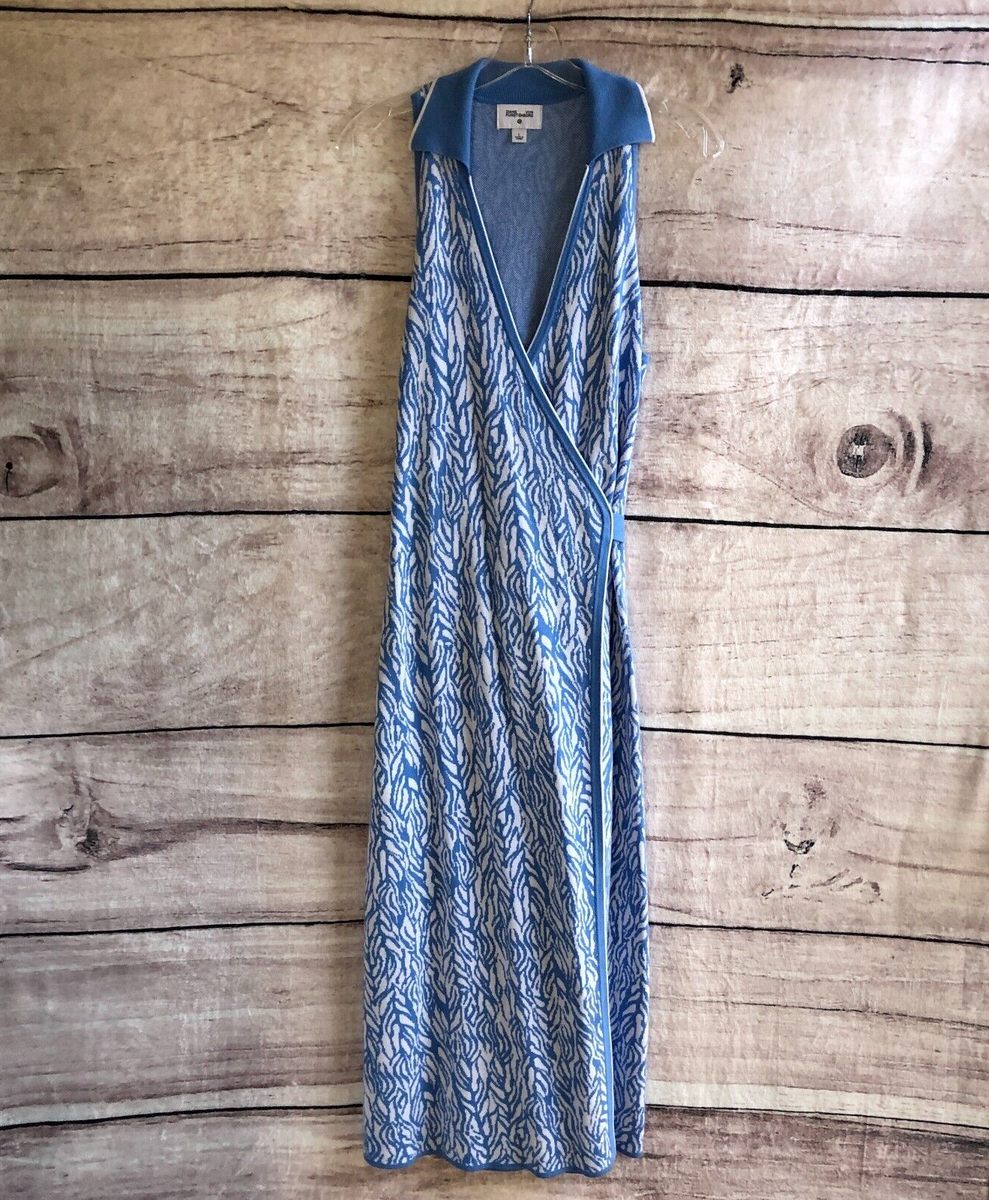 Diane Von Furstenberg Wrap Dress L Viscose Blue Midi Knit