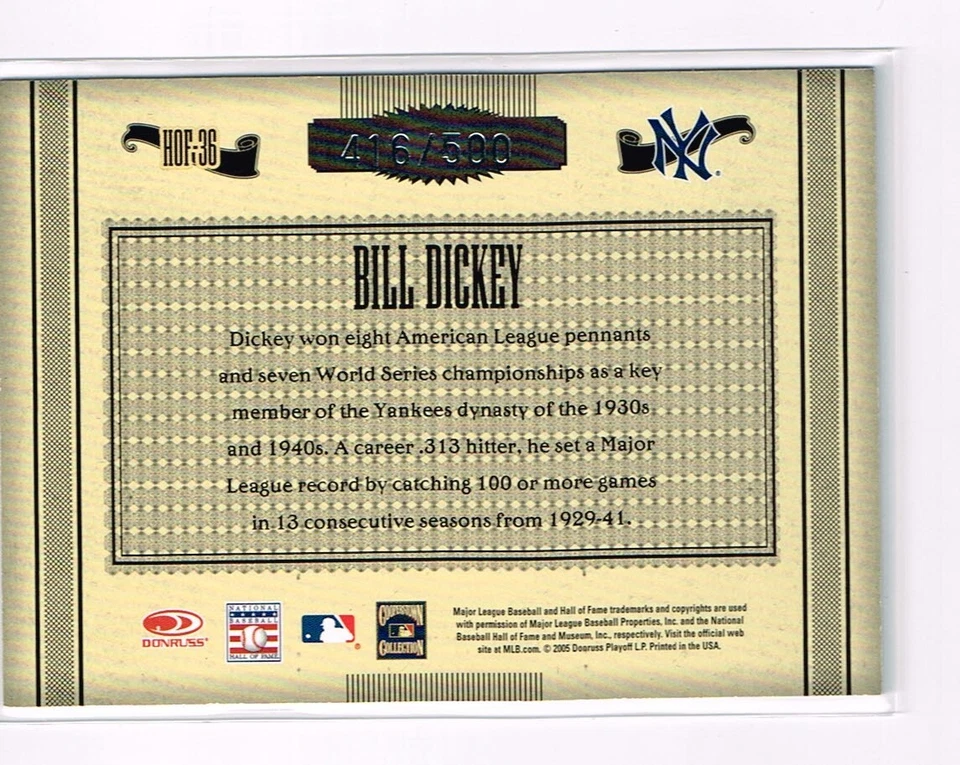 BILL DICKEY 2005 TIMELESS TREASURES CARD # 416/500 NEW YORK YANKEES HOF - Image 2 of 2
