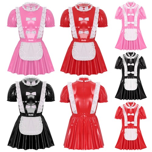 Mens Dress Shiny Uniform Naughty Maid Costume Ruffles Trims Cosplay Wet Look - 第 1/32 張圖片