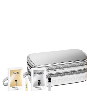 NWT {Paco Rabanne} Metallic Silver Pouch Travel Bag Vanity Case Wristlet + Bonus