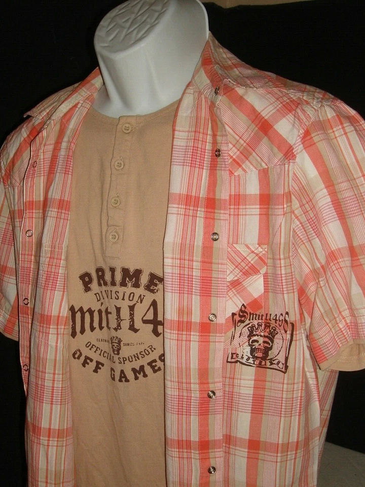 RB Rainbow Collection Red/White Plaid Snap Button Ft/Henley Combo S/S Shirt Sz L - Image 2 of 4